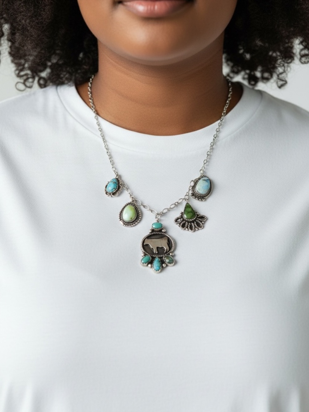 Silver-Tone Turquoise & Green Stone Charm Necklace - Women Jewelry